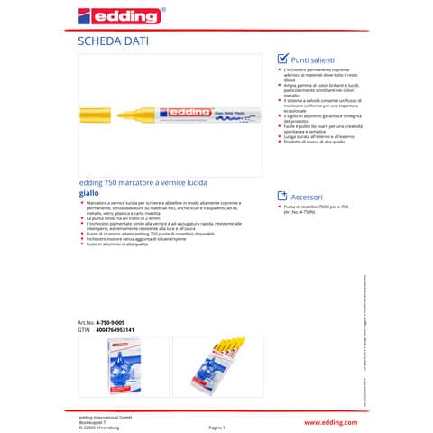 Marcatore a vernice edding 750 punta conica 2-4 mm giallo E-750 005